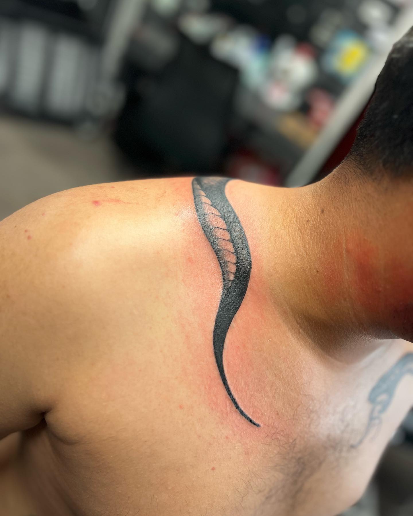 Snake black and grey tattoo on the shoulder by π΅ππππ πΏπππππ, Houston, Texas
