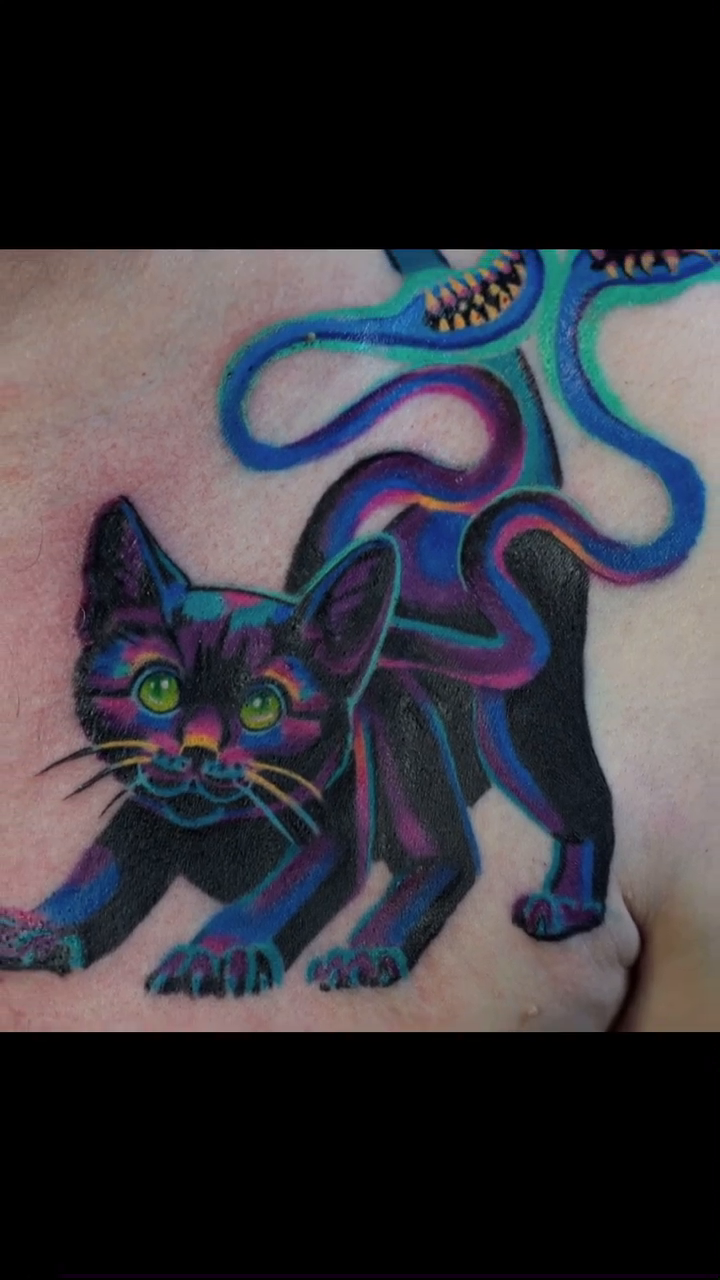 Black cat with tentacles new school tattoo by Sienna Coppa