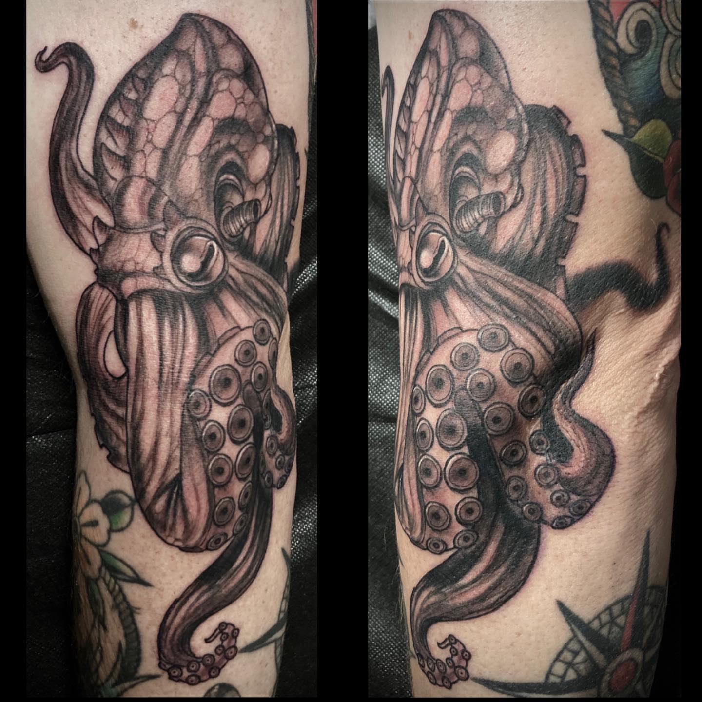 Octopus black and grey tattoo on the forearm by Bobby Trefz