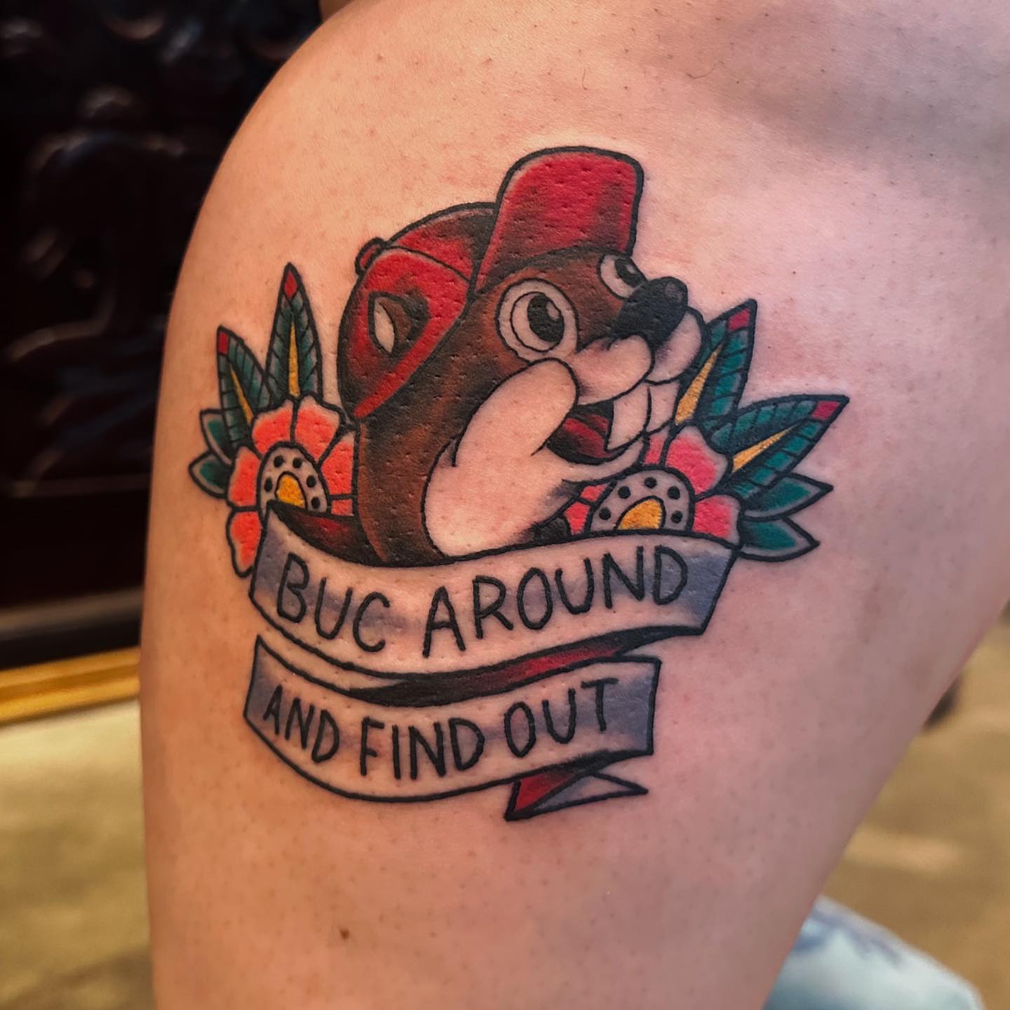 Buc Around and Find Out American traditional tattoo on the upper arm by ๐๐๐๐พ๐ - (่พ็ๅ
)