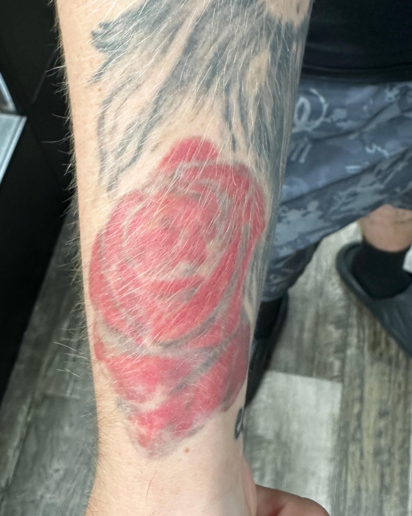 Rose black and grey tattoo on the forearm by duffs, San Marcos, California