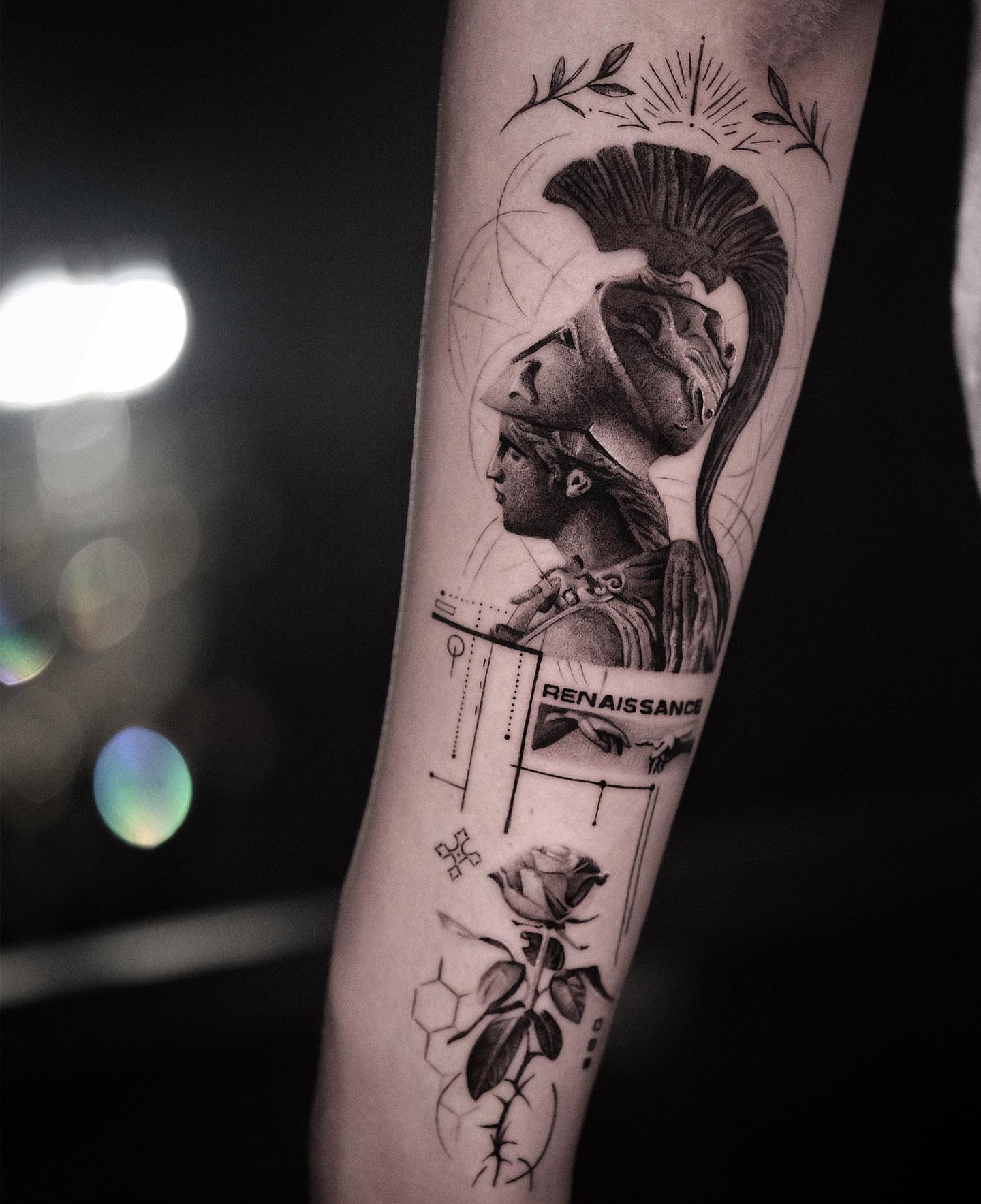 Roman warrior realism tattoo on the forearm by Dopamine