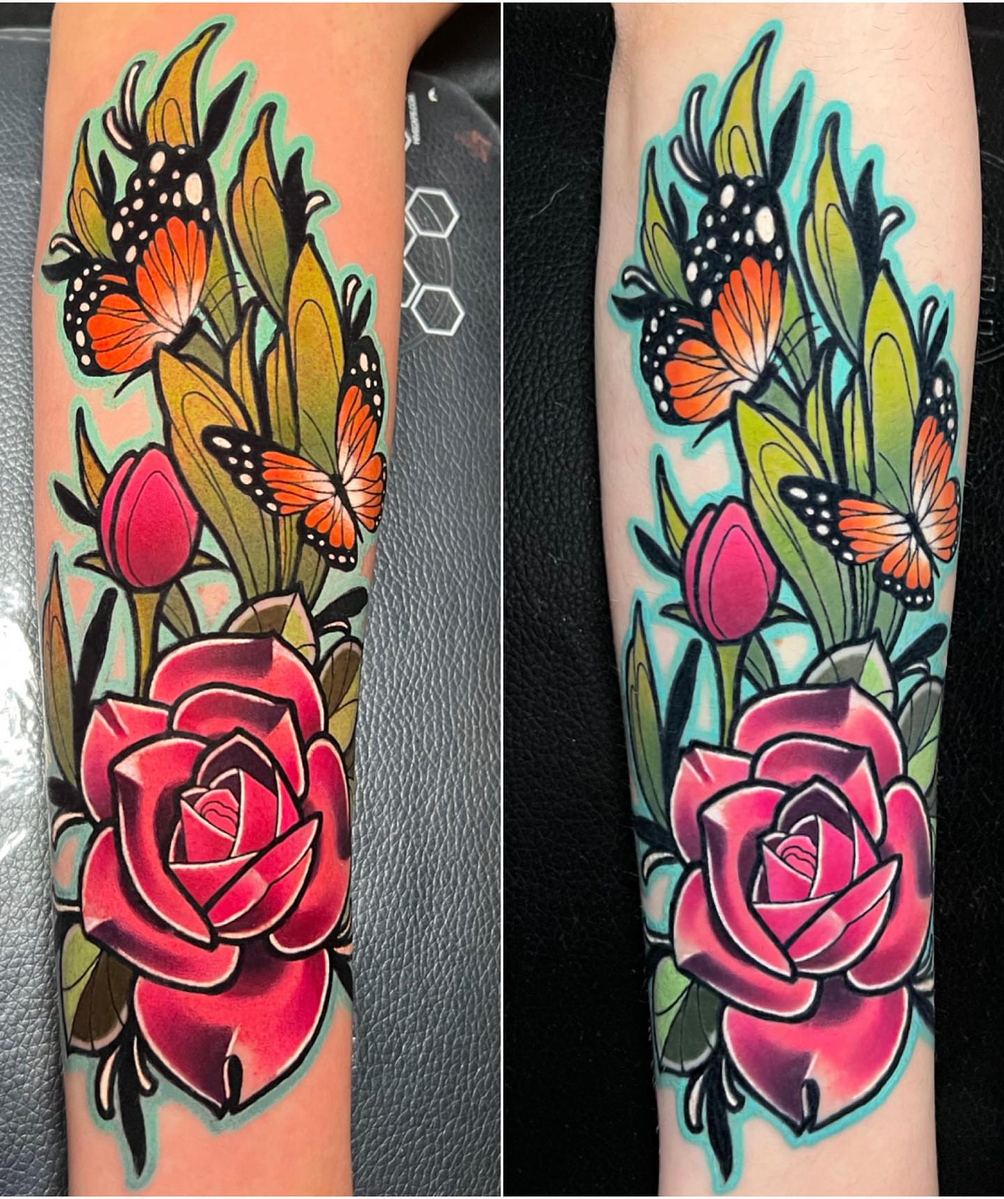Flowers and butterflies American traditional tattoo on the forearm by Brian Horowitz