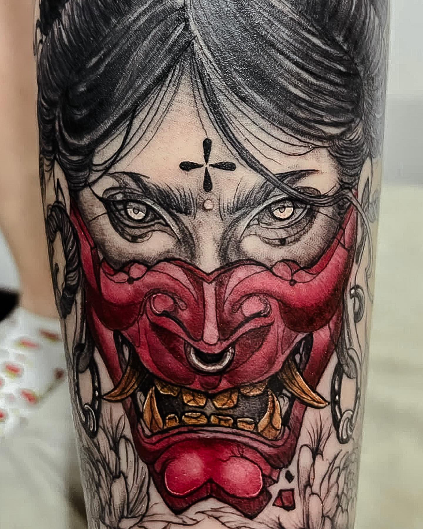 Woman with mask American traditional tattoo on the forearm by 𝔄𝔩𝔳𝔞𝔯𝔬 𝔓𝔦𝔫𝔦𝔩𝔩𝔞