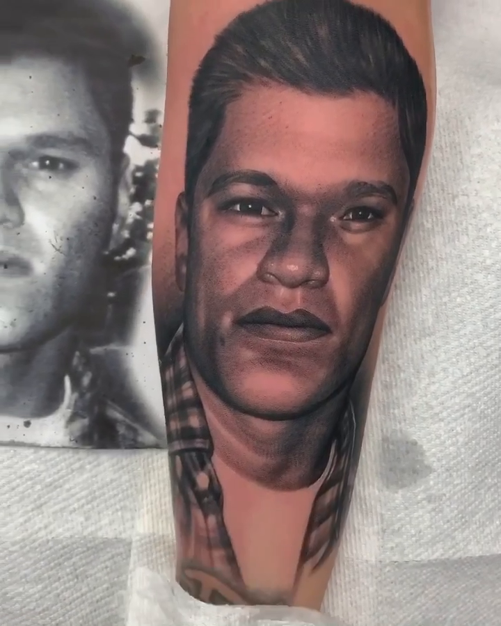 Portrait of a man realism tattoo by Joshua ramirez, Montebello, California