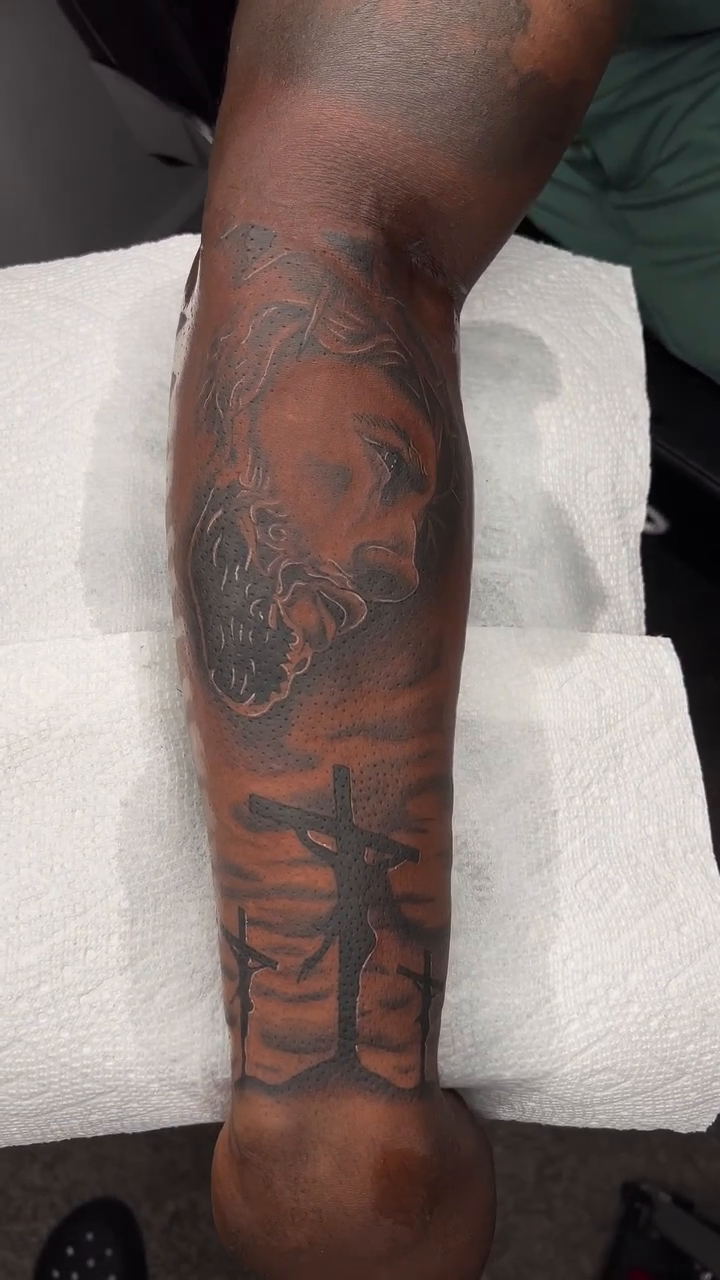 Jesus Christ and a cross realism tattoo by Mr. 3 for $100 ✍🏽, Atlanta, Georgia