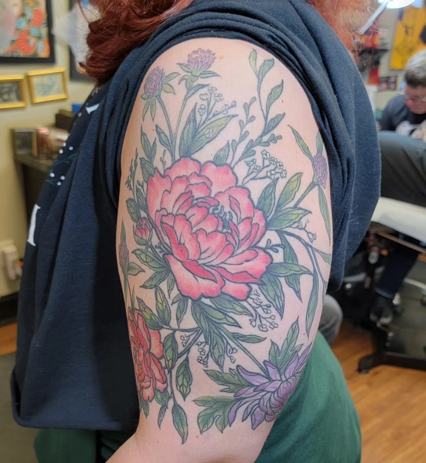 Peony and floral bouquet new school tattoo on the shoulder by ๐๏ธ, Ashland, Virginia