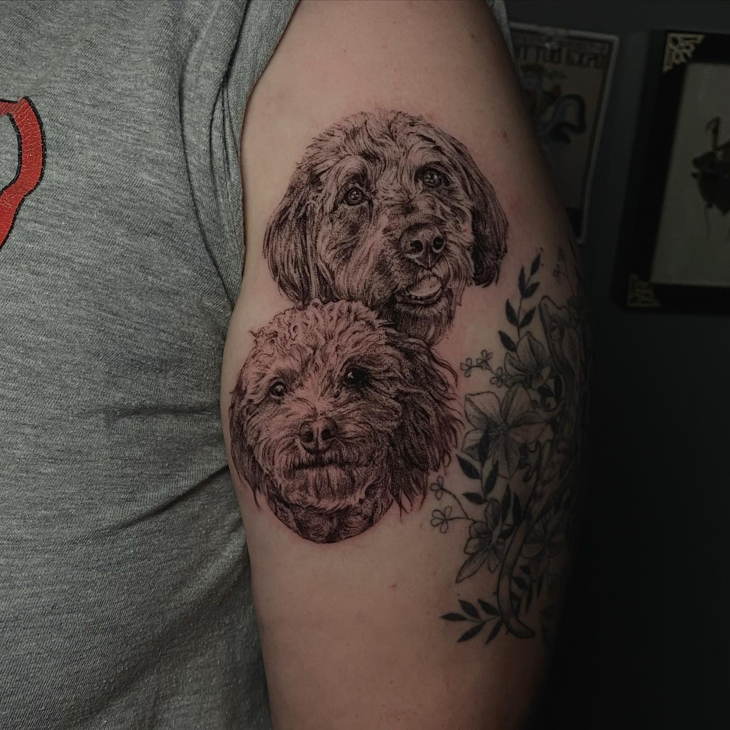 Dog portraits realism tattoo on the upper arm by Sydney Dixon, Sacramento, California