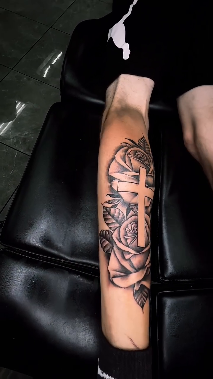 Cross with roses realism tattoo by Myles Manuel Lopez, Phoenix, Arizona
