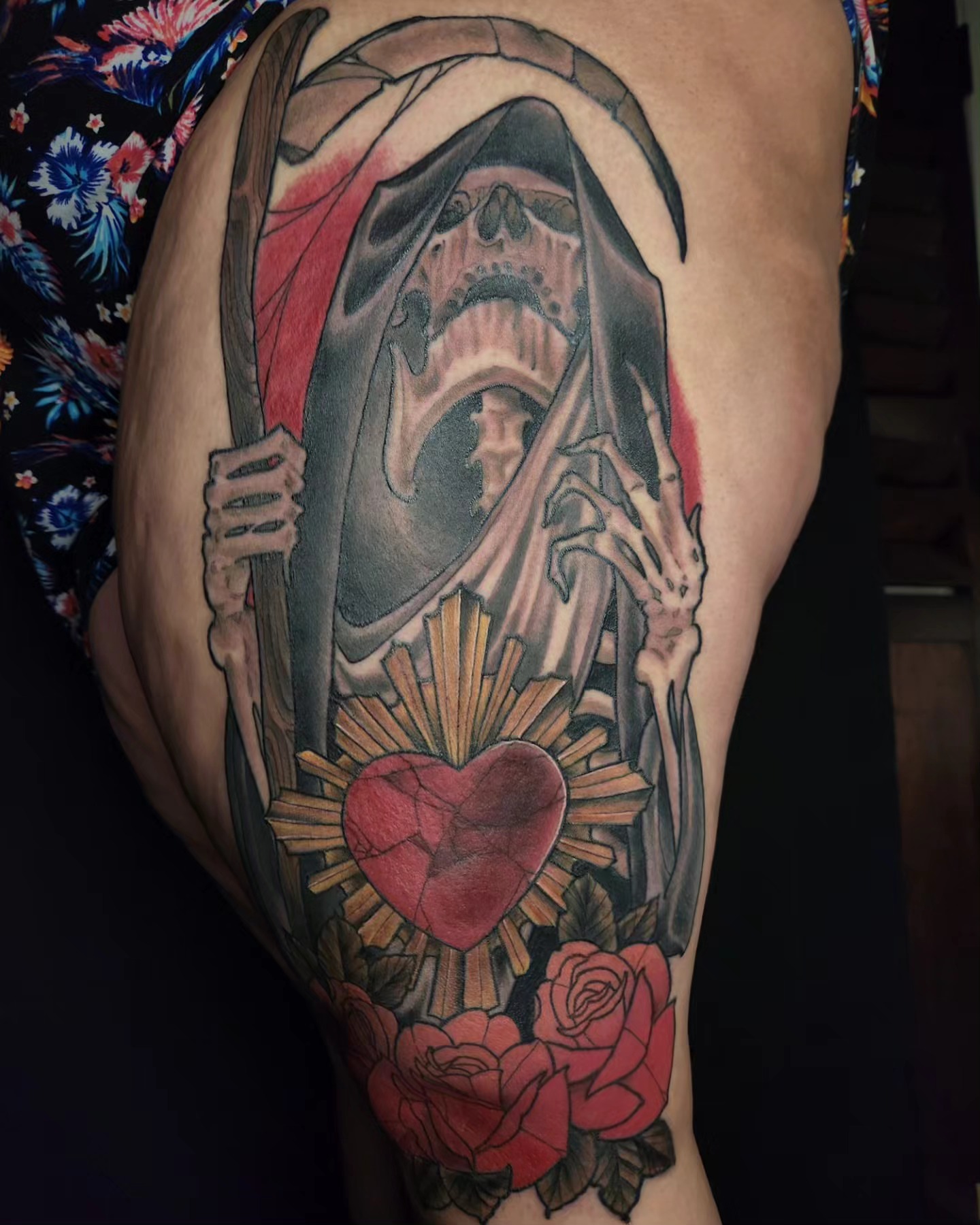 Grim reaper with heart American traditional tattoo on the thigh by Ben Friday, Phoenix, Arizona