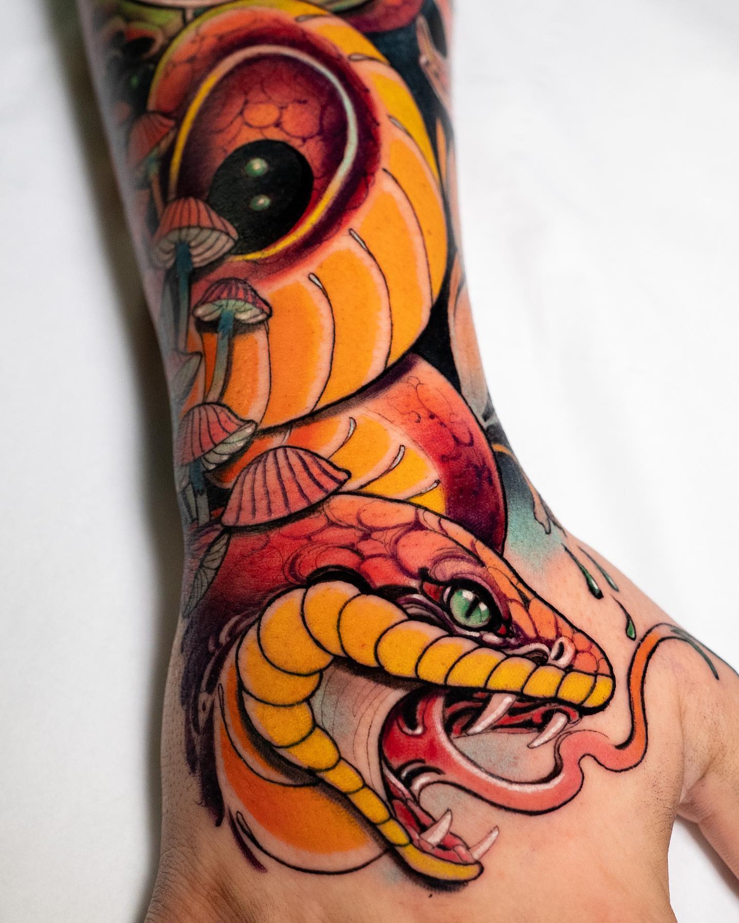Snake American traditional tattoo on the forearm by Andres Acevedo, Denver, Colorado