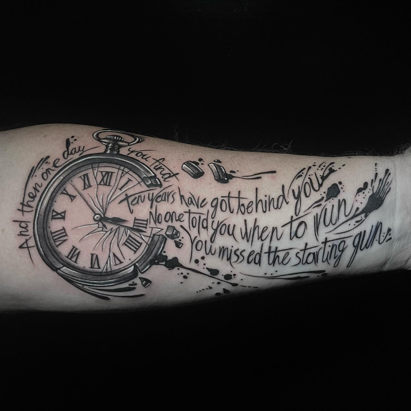 Clock and quote black and grey tattoo on the forearm by π»ππππ β½ πΏππππ, Franklin, Tennessee