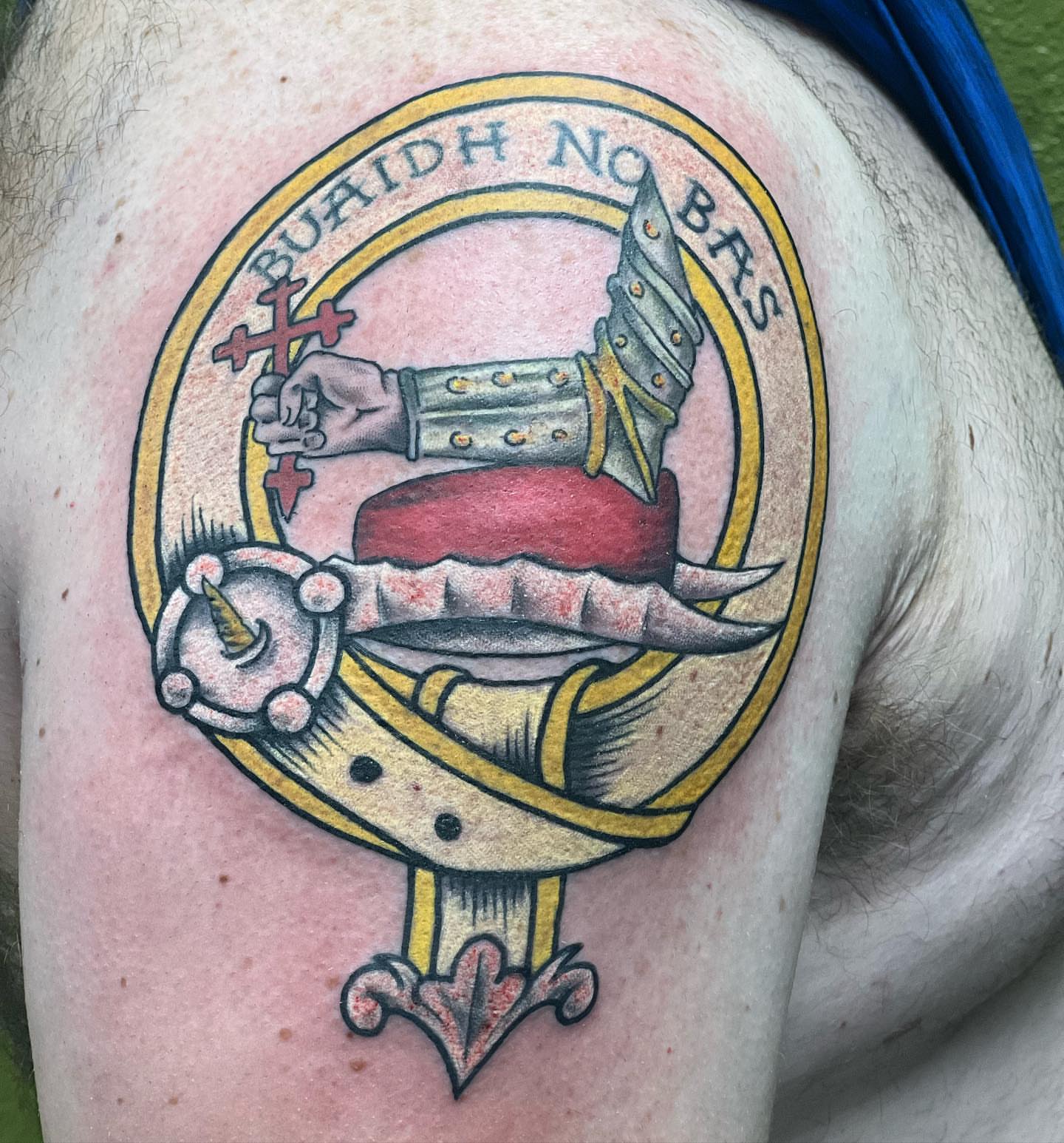 Clan crest American traditional tattoo on the thigh by Chris Allen Taylor