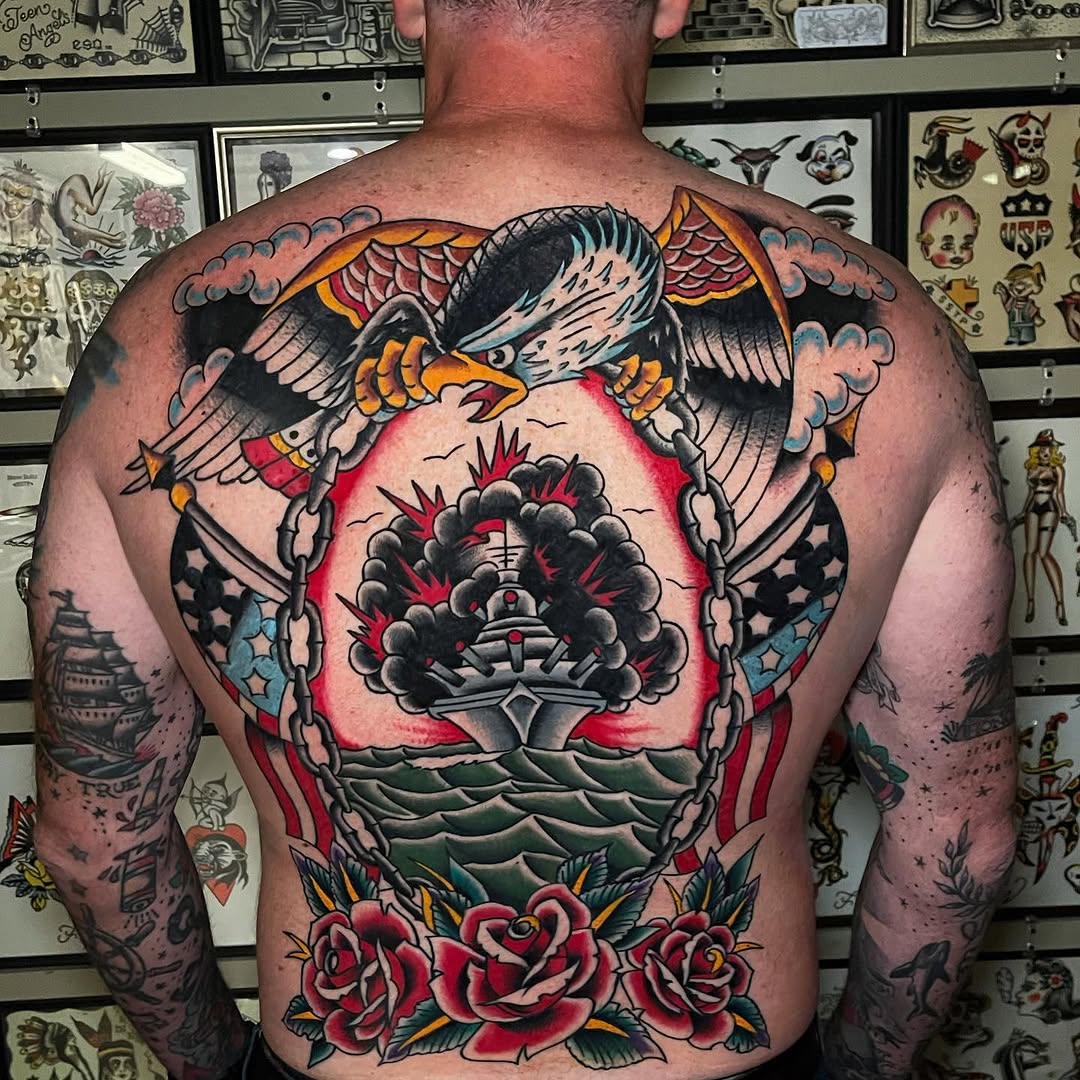 Eagle, ship, and roses Japanese tattoo on the back by adamsayre, San Diego, California