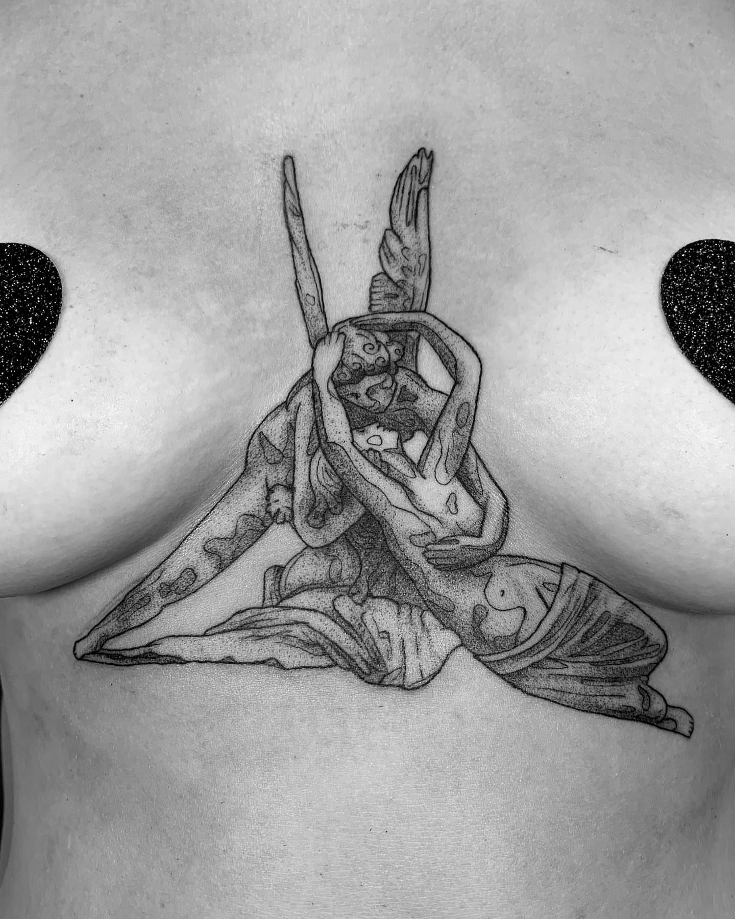 Dancer with ribbon dotwork tattoo on the chest by Maddy Paige