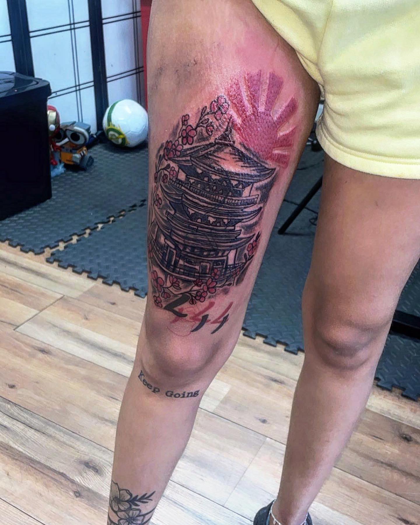 Japanese pagoda japanese irezumi tattoo on the thigh by Rell Washington, Marlow Heights, Maryland