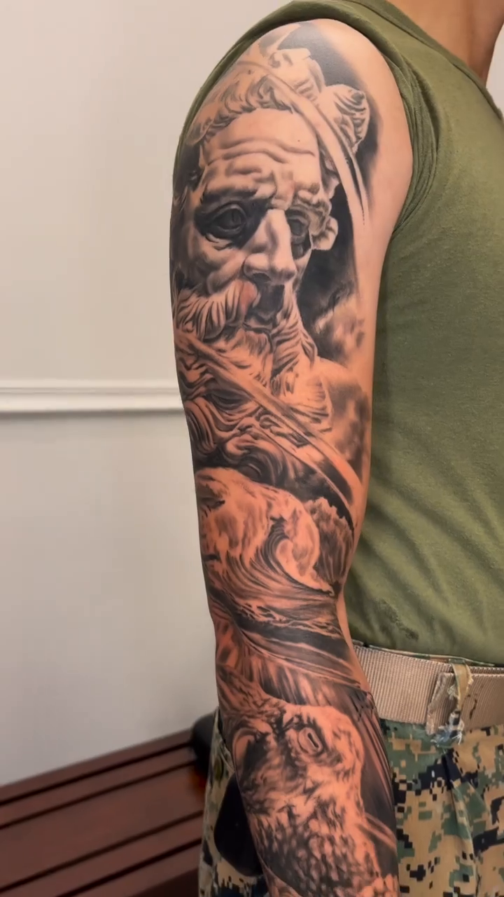 Greek mythology sleeve realism tattoo by Sloe Rivera