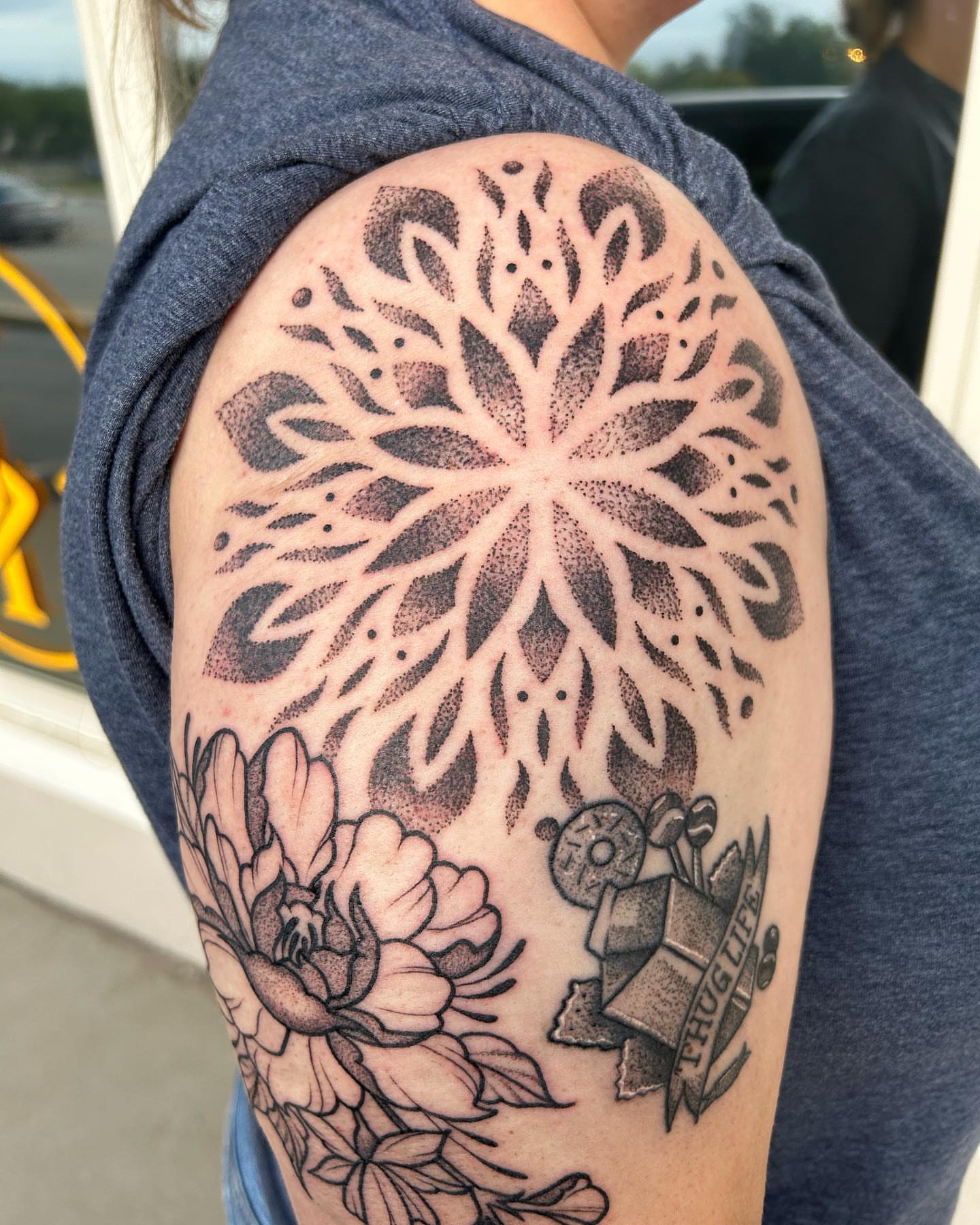 Floral mandala dotwork tattoo on the shoulder by ππππππ ππππππ