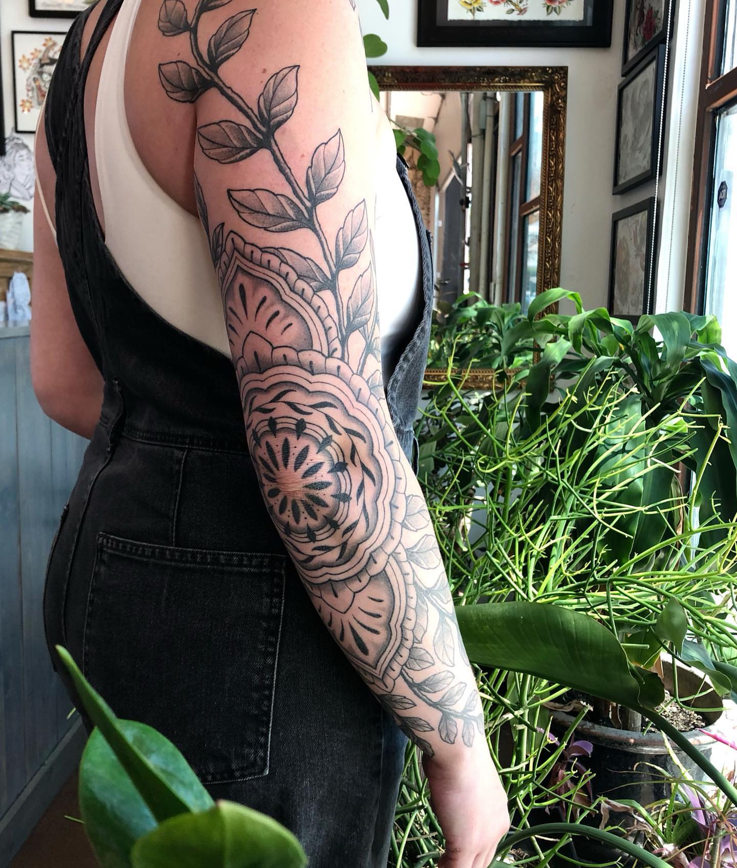 Floral mandala ornamental tattoo on the forearm by Owlyn Madrone