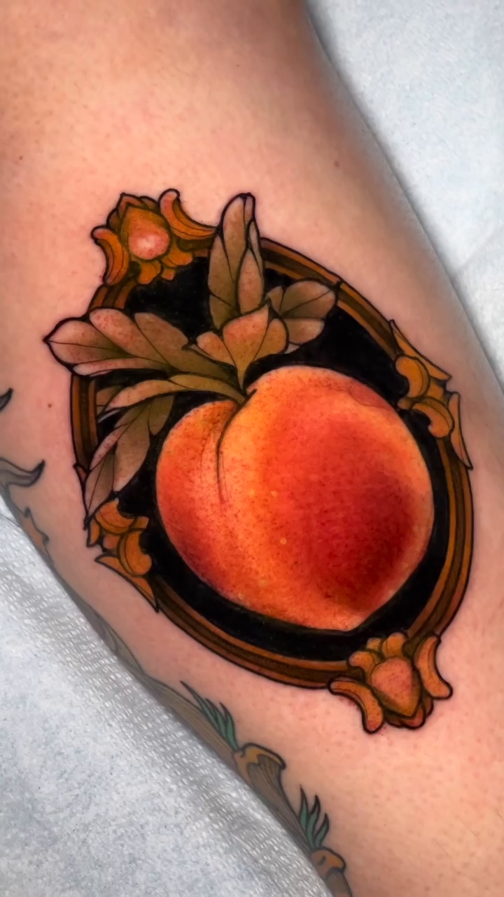 Peach in a frame neo-traditional tattoo by ✤ ᴋɪʀᴀ ᴋɴᴏᴡʟᴛᴏɴ ✤