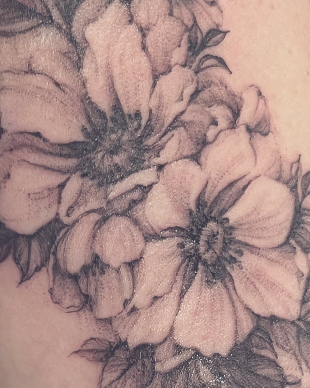 Flowers black and grey tattoo on the torso by Sarah Spread