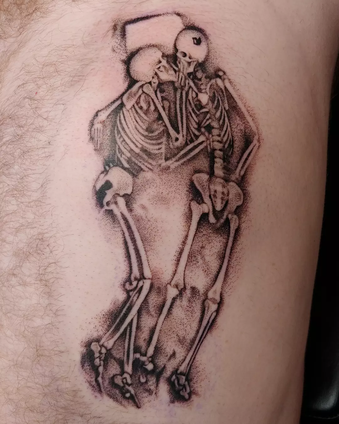 Skeleton couple dotwork tattoo on the thigh by CASEY JENSEN ✨ Fort Collins CO
