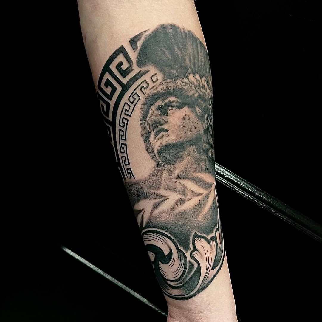 Bust of a Roman soldier realism tattoo on the forearm by Kyle J. Bishop