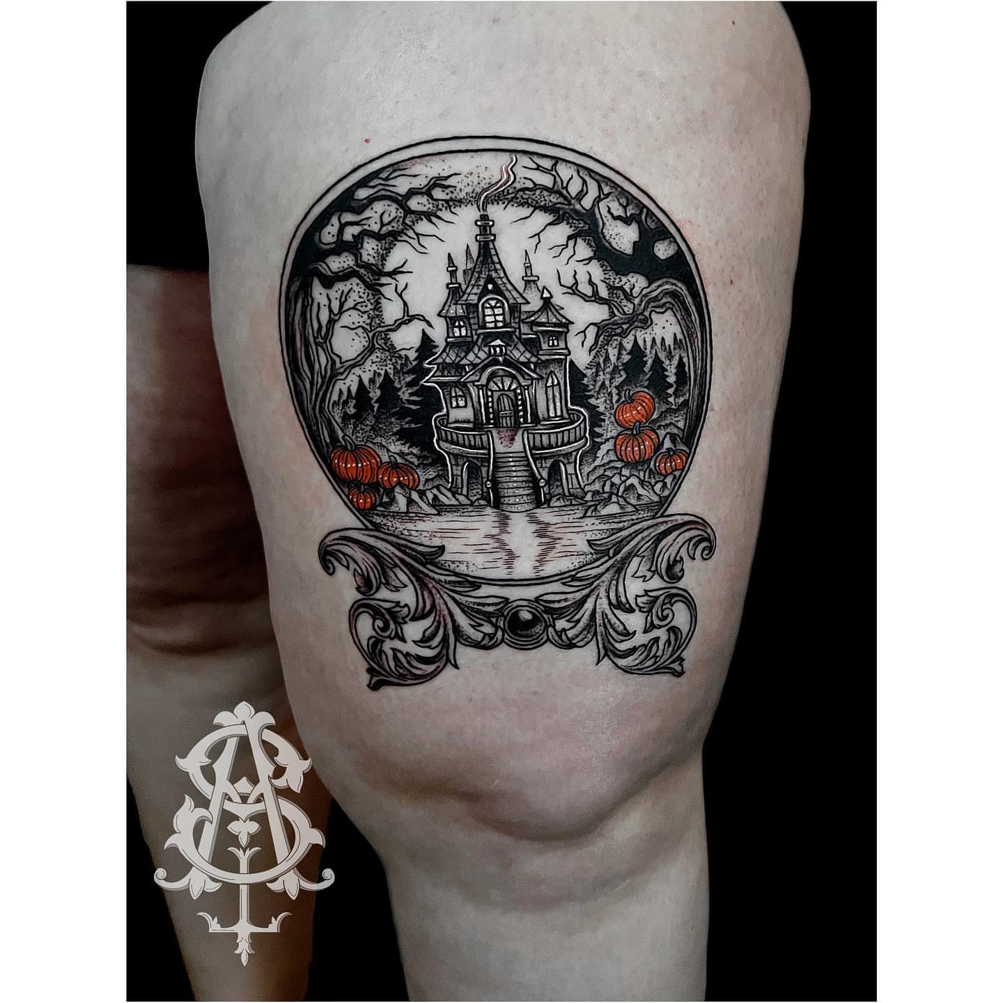 Haunted castle dark realism tattoo on the thigh by Amber Jane Strange