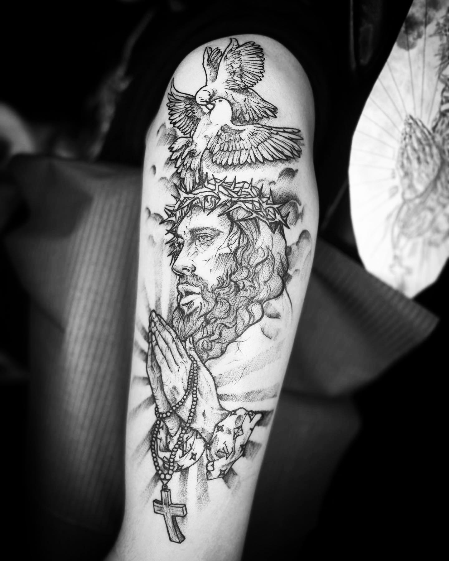 Religious figure realism tattoo on the forearm by @inkhazmat