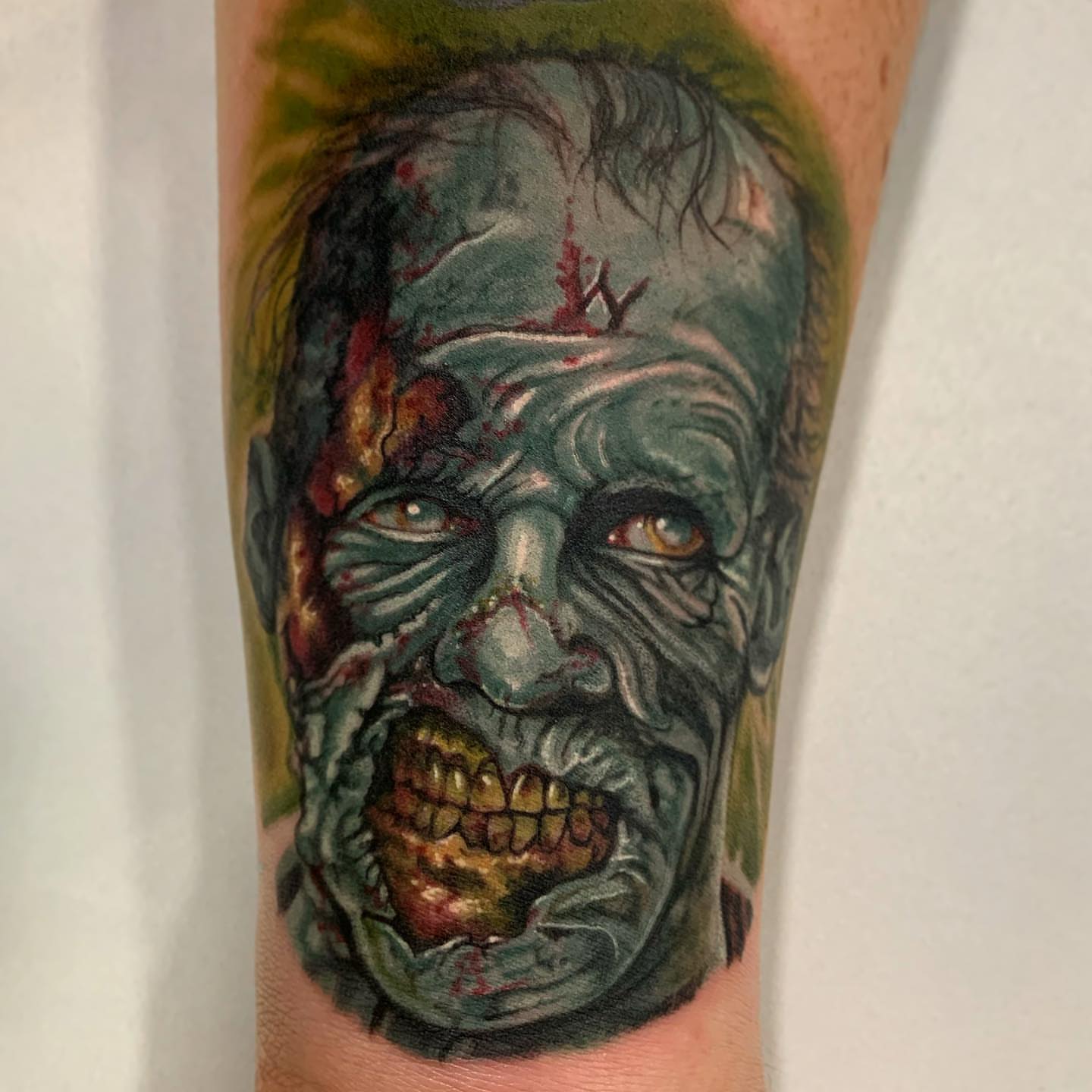Zombie realism tattoo on the forearm by Izak Blanke, Murfreesboro, Tennessee