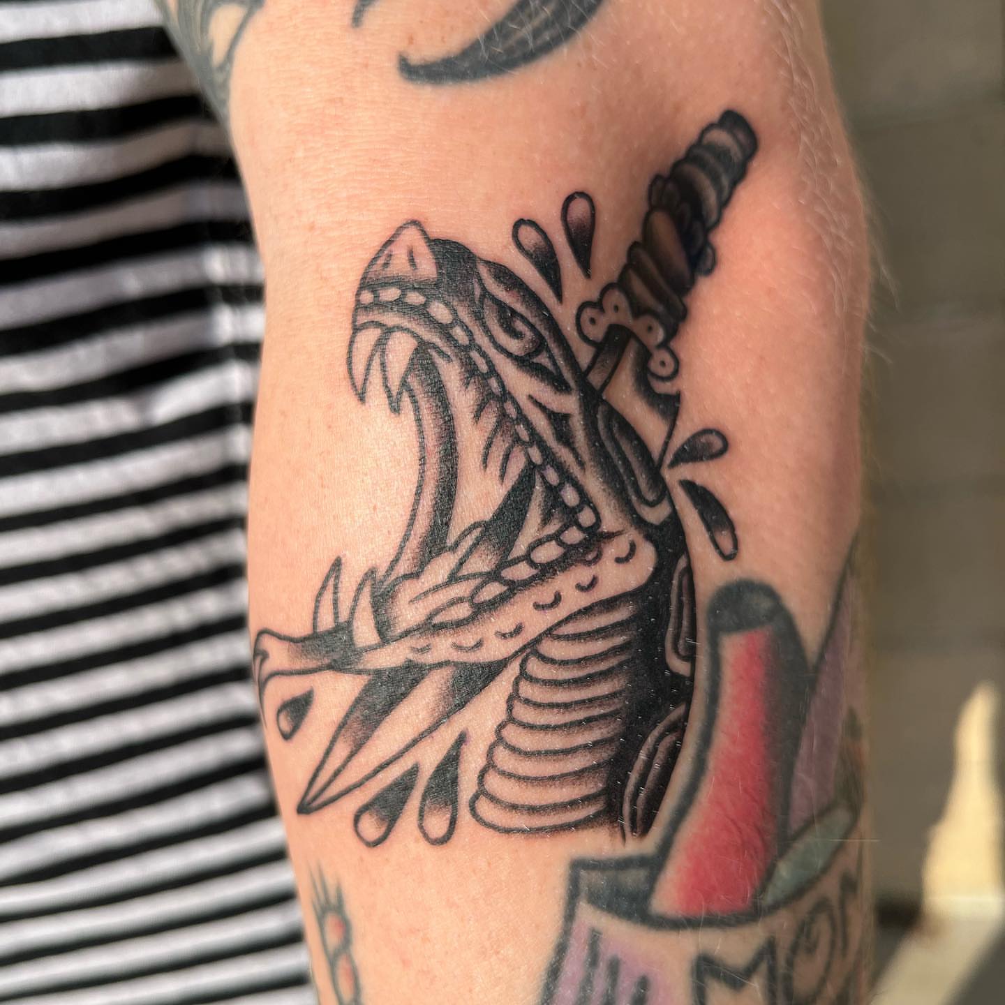 Snake and dagger black and grey tattoo on the forearm by Ana Valadez π¦, Ventura, California