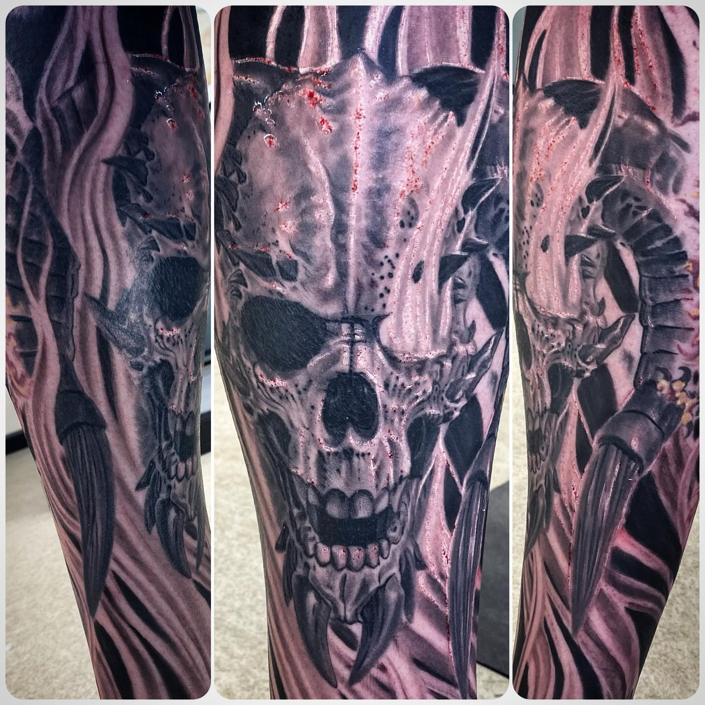 Tattoo by @karrissastitttattoos — dark_realism, black_and_grey