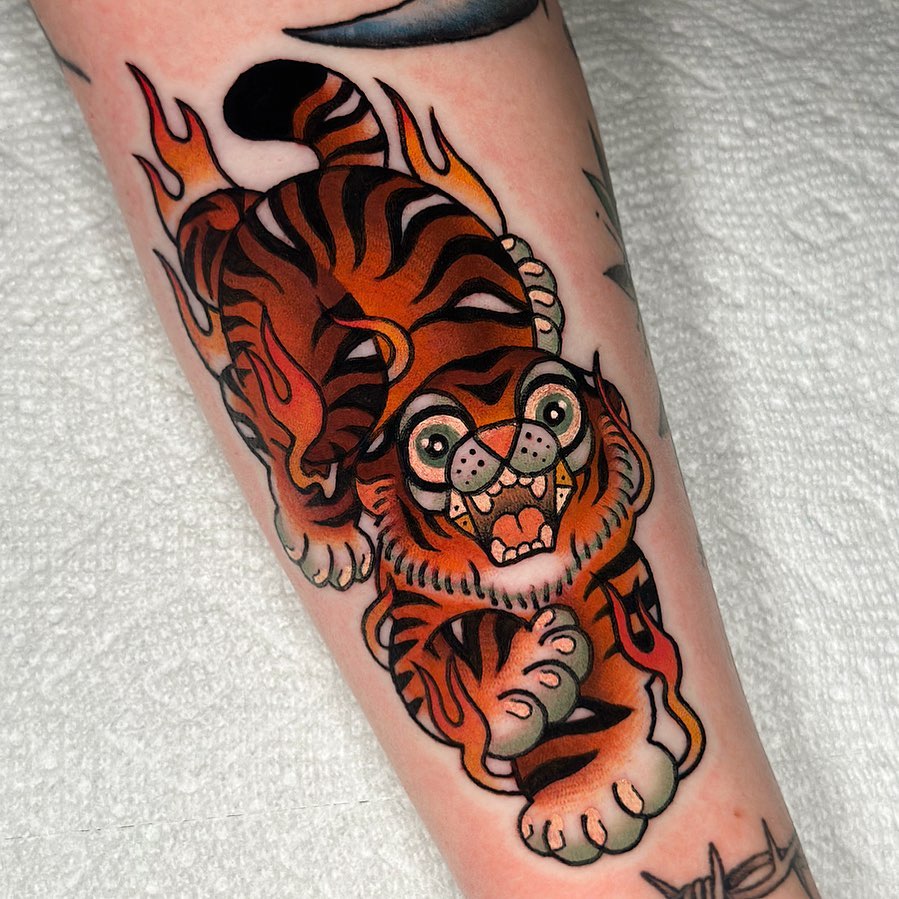 Tiger American traditional tattoo on the forearm by π»πππππ πΉπππ