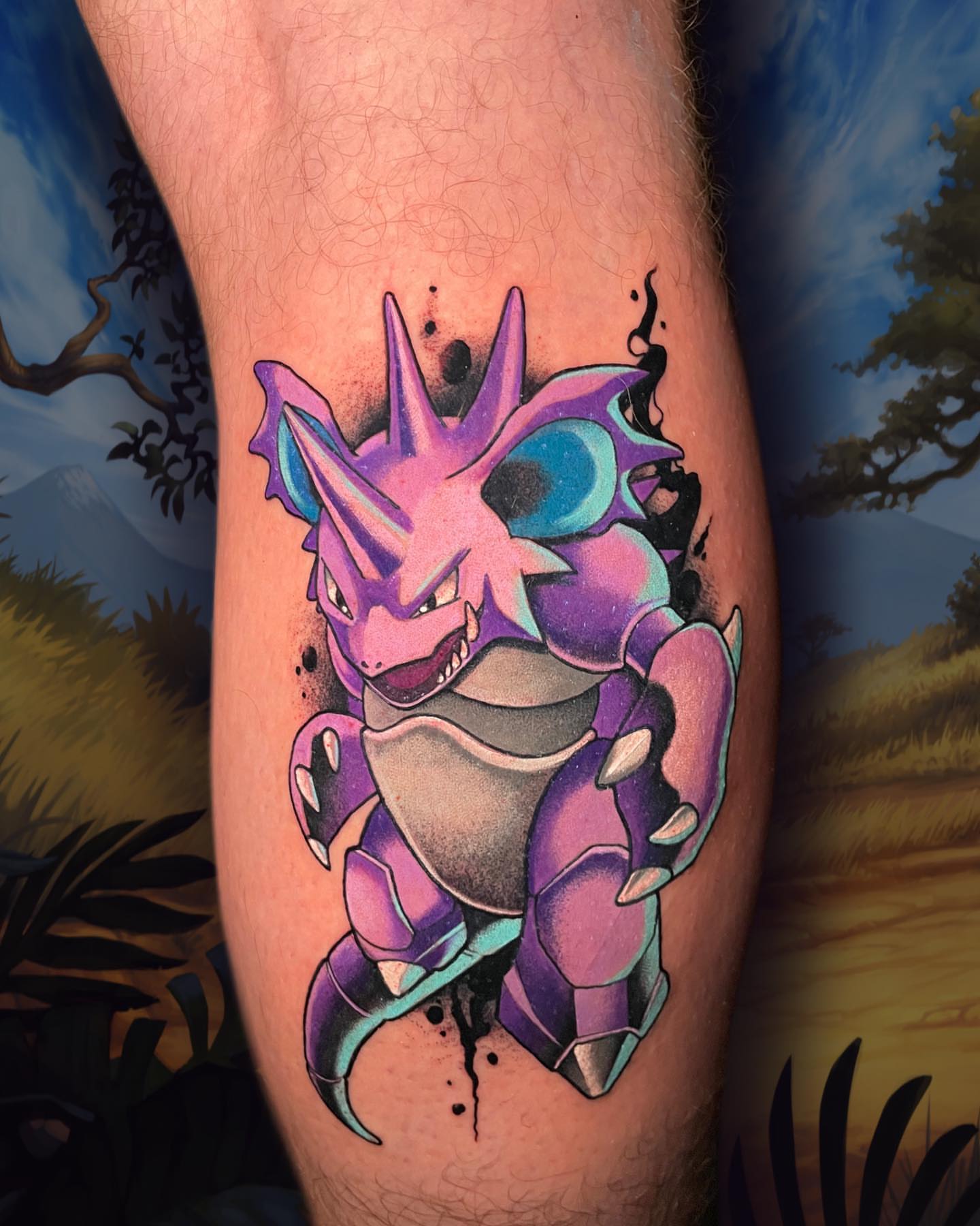 Gyarados new school tattoo on the thigh by Wendy Ruiz