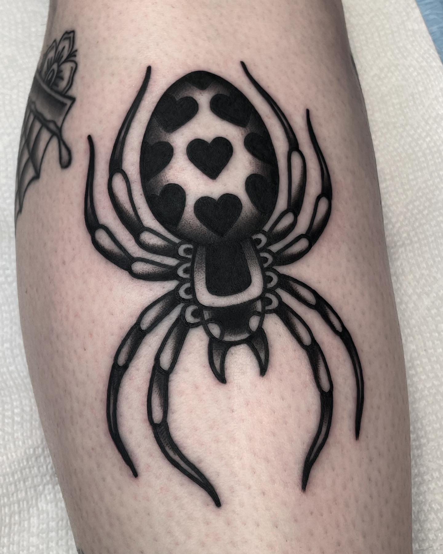 Spider black and grey tattoo on the forearm by Jenn ★ Reid
