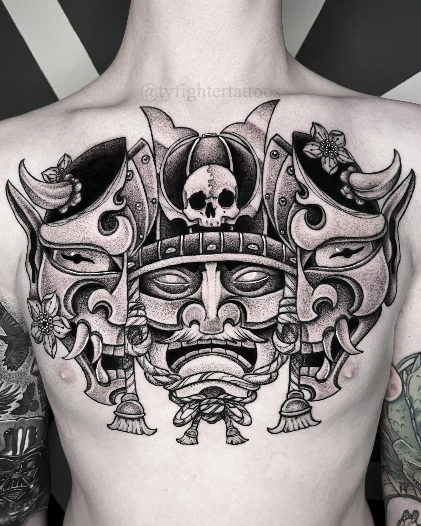 Samurai mask geometric tattoo on the chest by Ty engler, Northglenn, Colorado