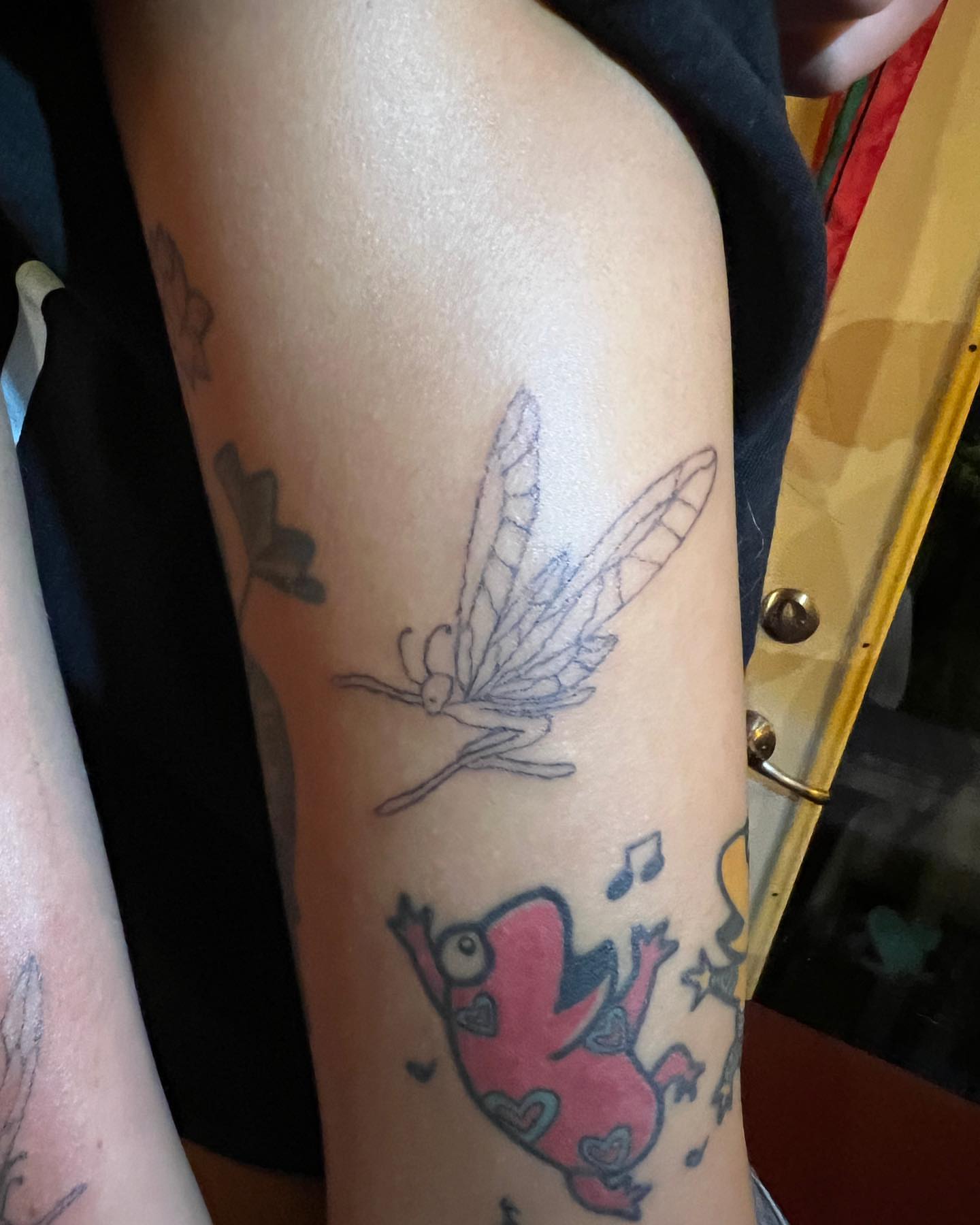 Fairy and frog black and grey tattoo on the forearm by mars