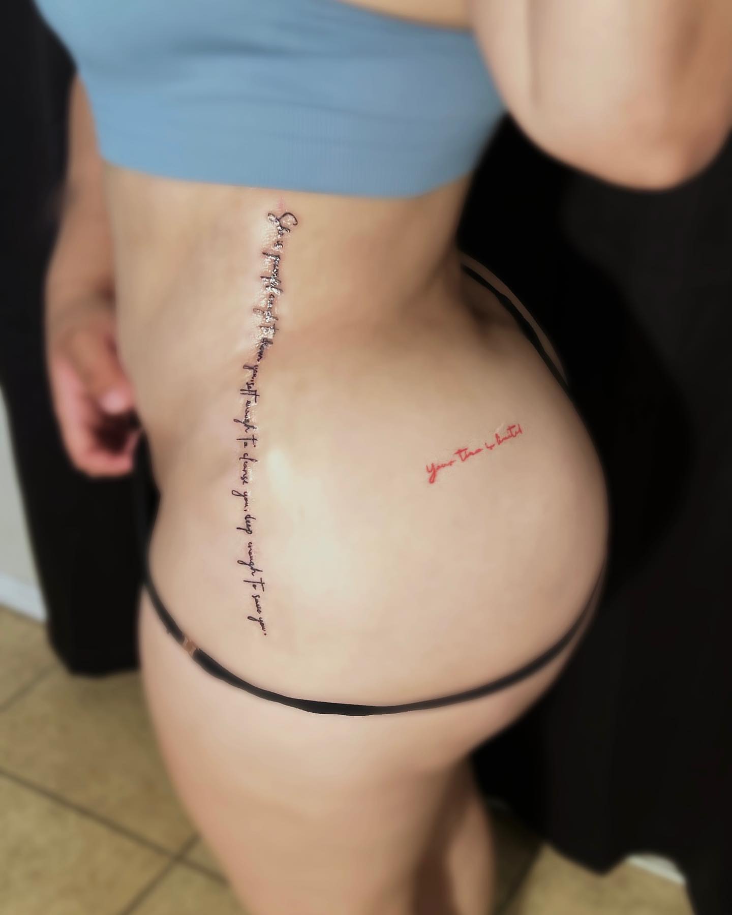 Script lettering lettering script tattoo on the torso by Maylen Espinoza
