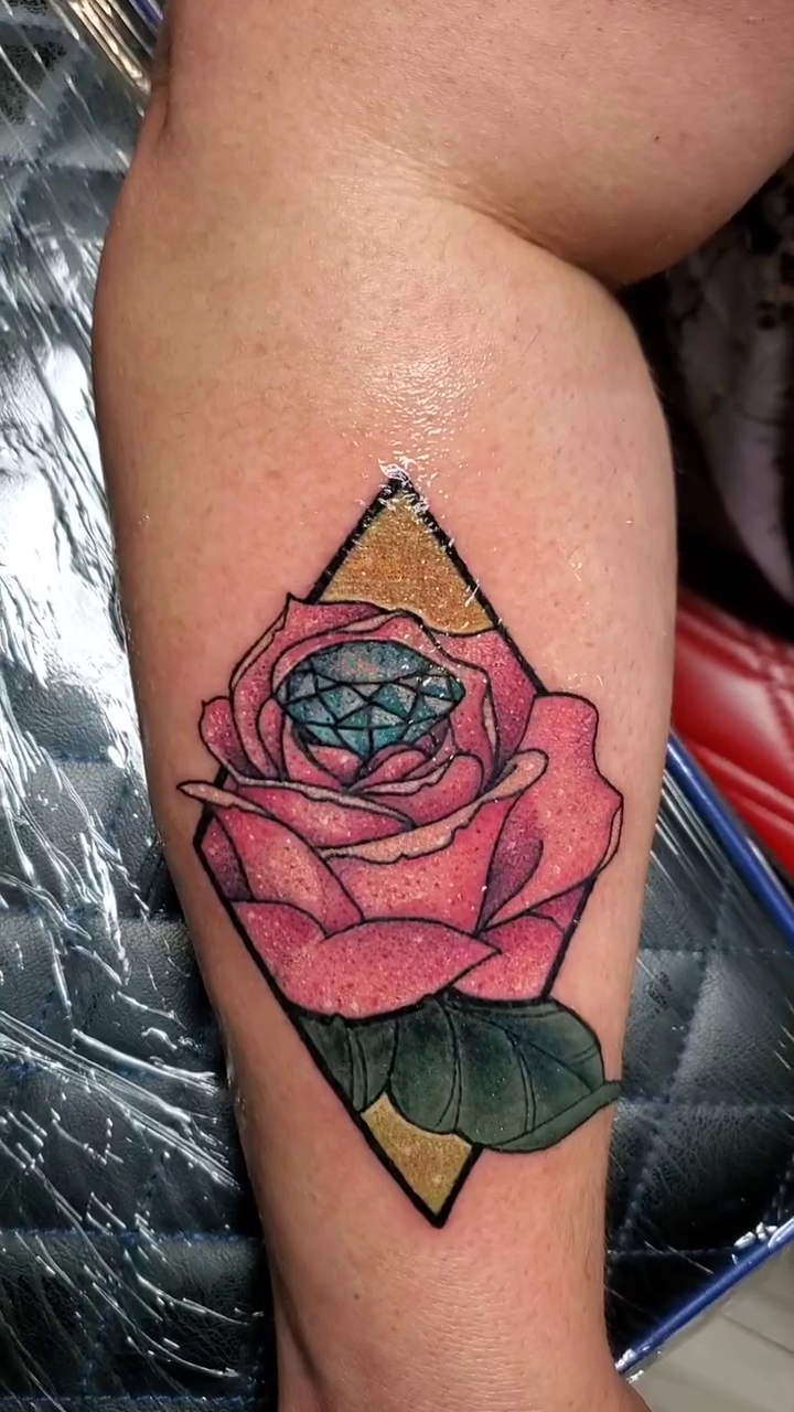Rose with diamond neo-traditional tattoo by Chris TL Jones