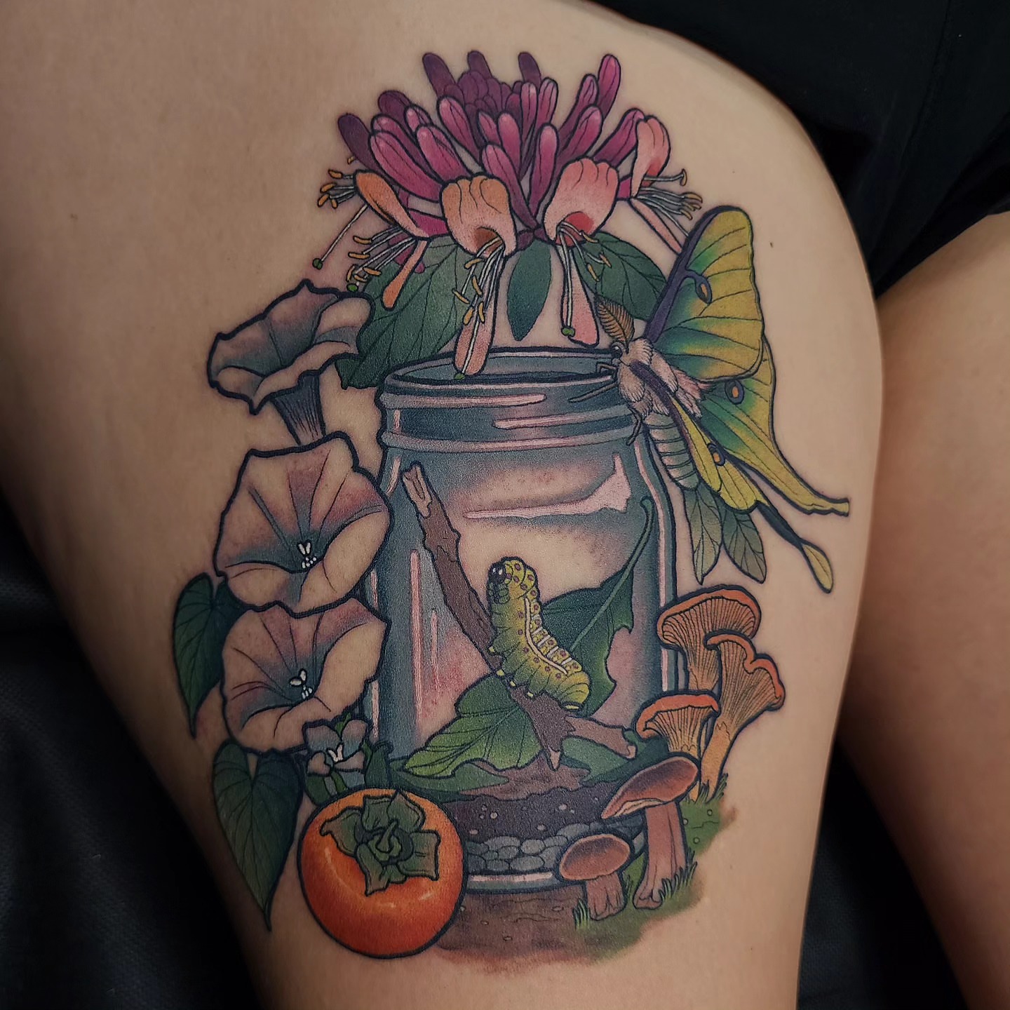 Jars and flora new school tattoo on the thigh by Joanna Nguyen ♈