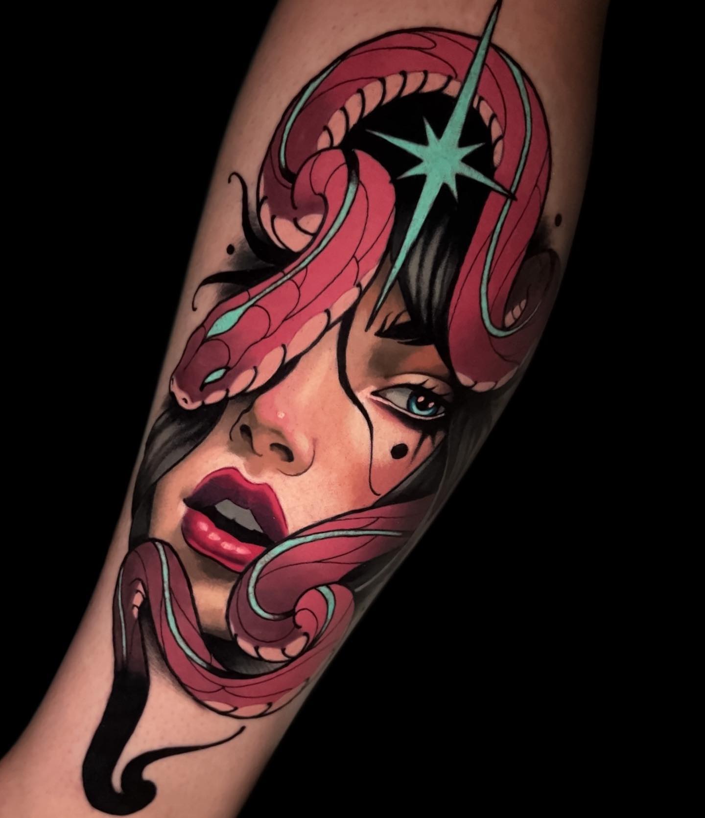 Woman and snake neo-traditional tattoo on the forearm by Andrey