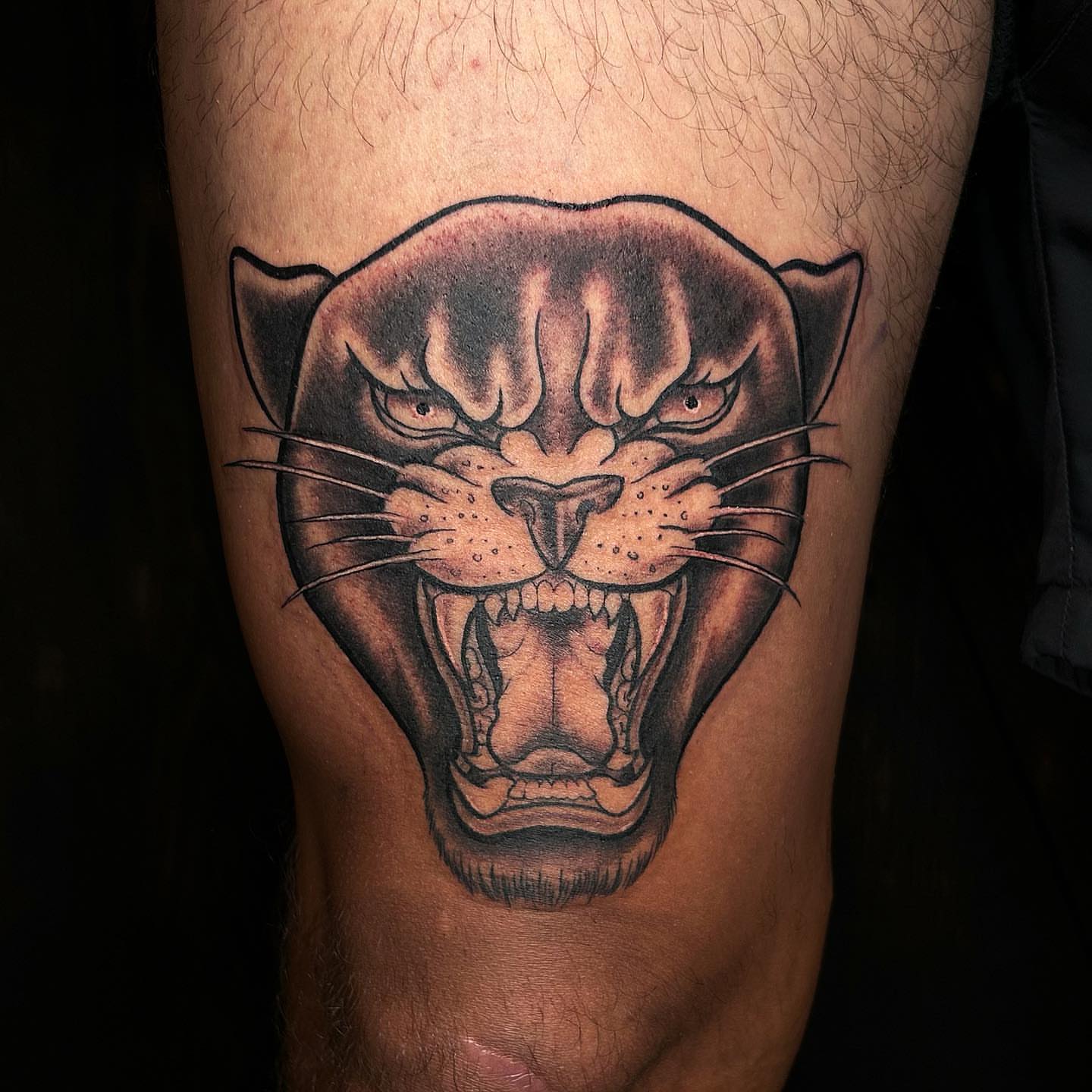 Panther black and grey tattoo on the thigh by ♡︎ Kaylie ♡︎, Tacoma, Washington