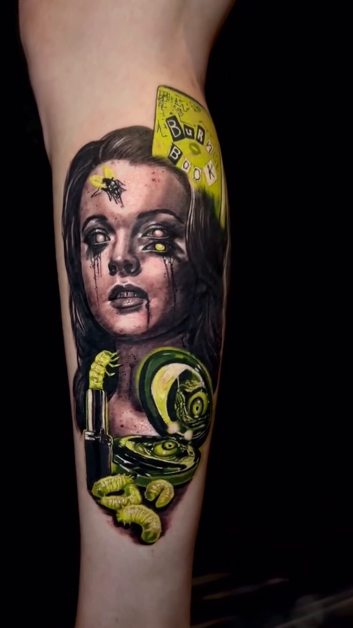 Woman with mechanical eye and insects realism tattoo by Caitlyn Campbell