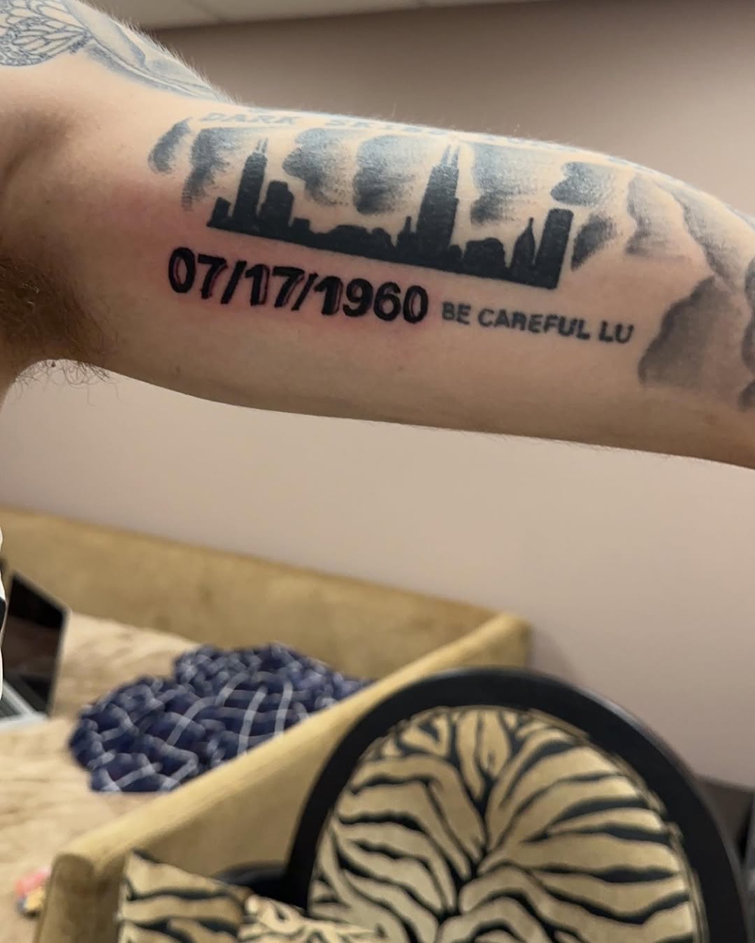 Chicago skyline with date and text tattoo on the forearm by Silky Inks NJ 201, North Haledon, New Jersey