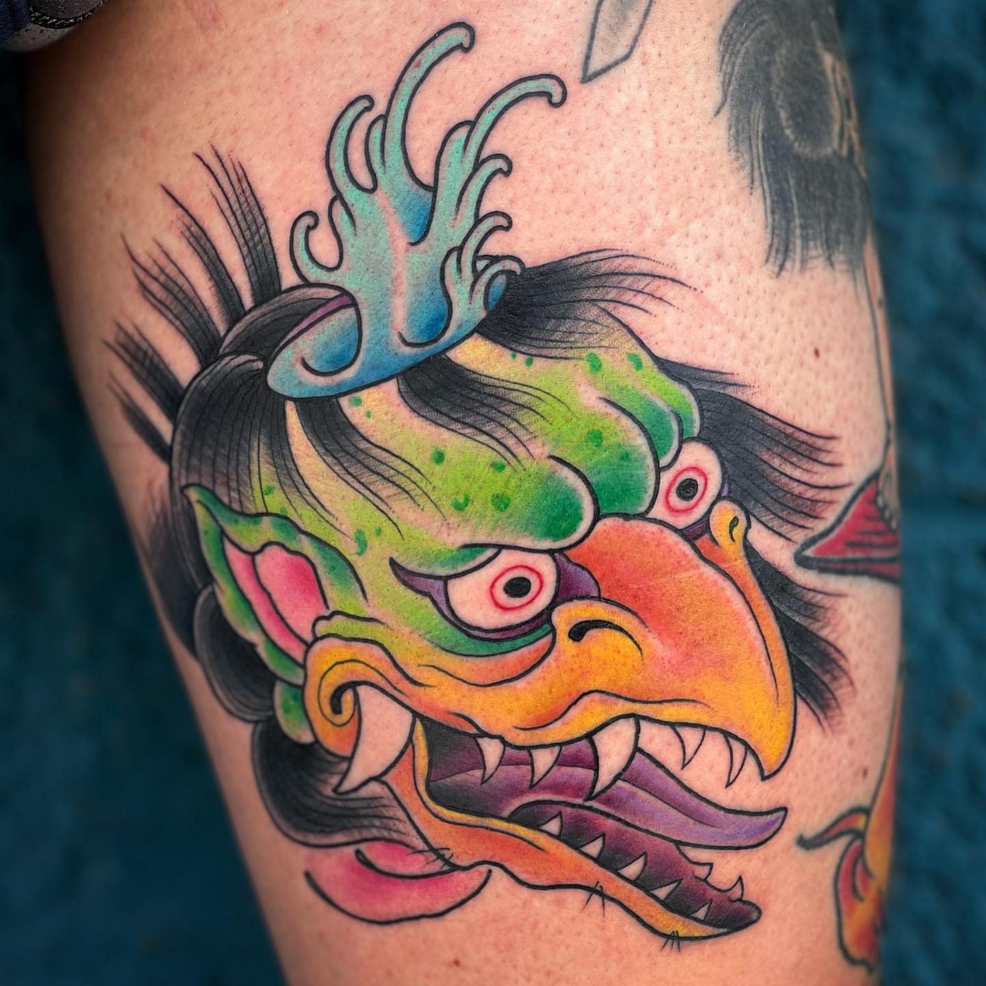 Demon head American traditional tattoo on the thigh by Donovan hernandez