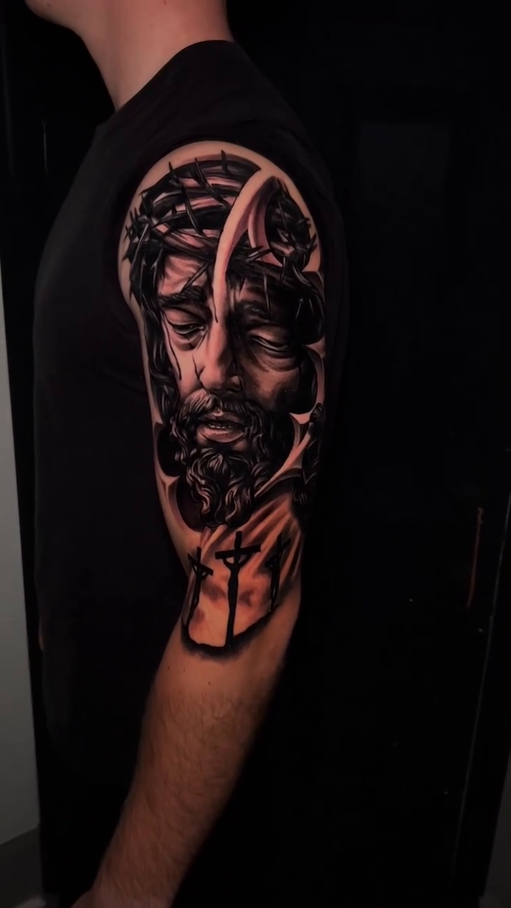 Jesus Christ portrait realism tattoo by Raul Ugarte, Roseville, California