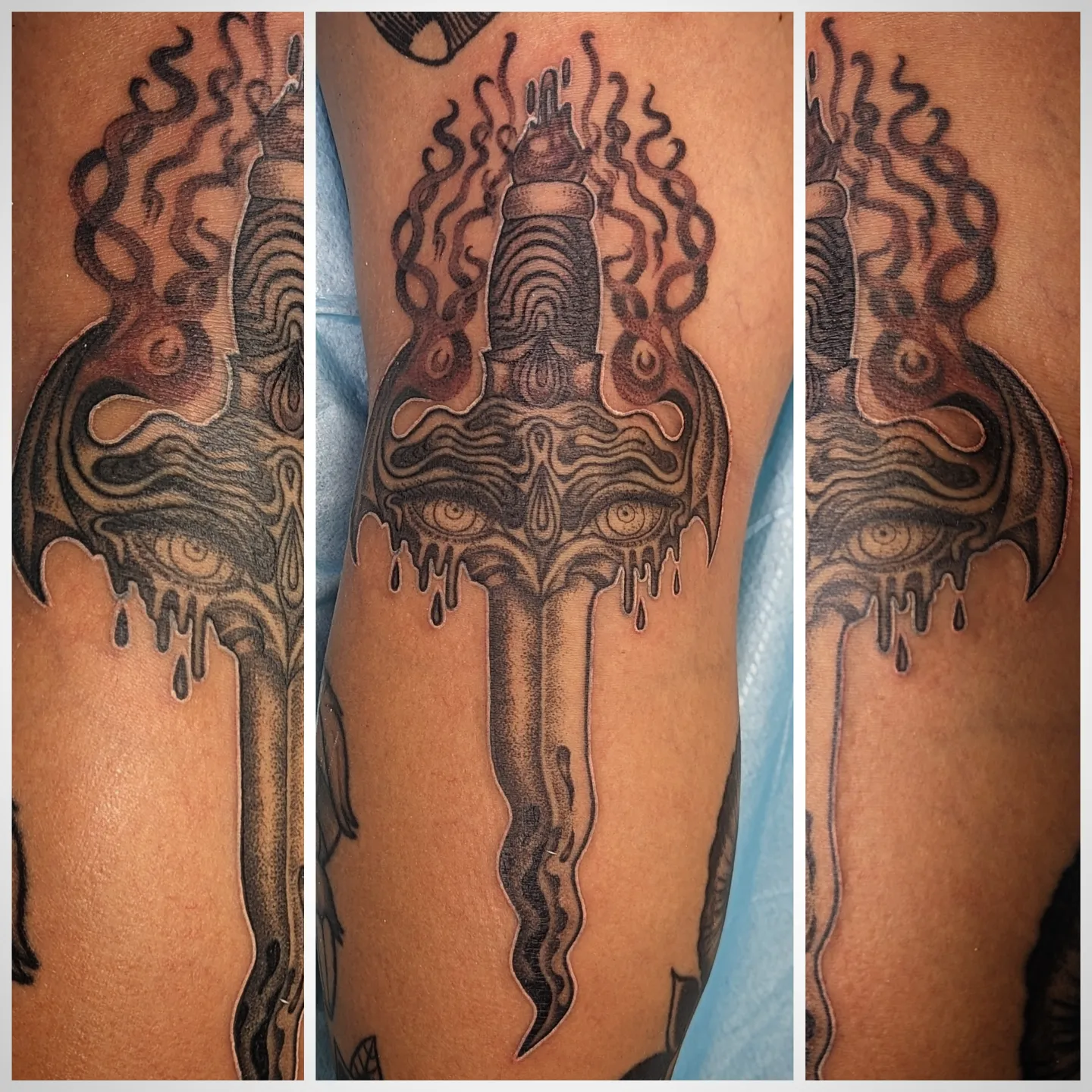 Eye and flame geometric tattoo on the forearm by Lorelei