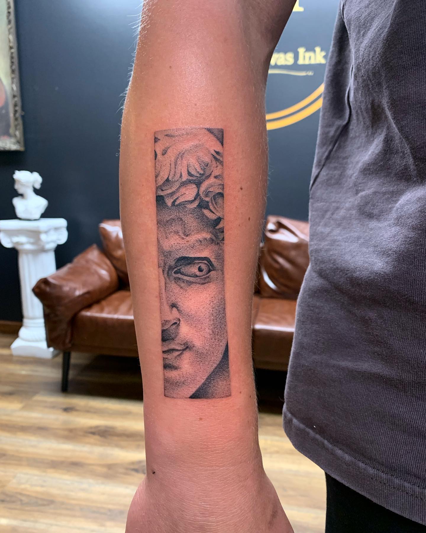 Medusa head dotwork tattoo on the forearm by Jacob Deirfield, Circleville, Ohio