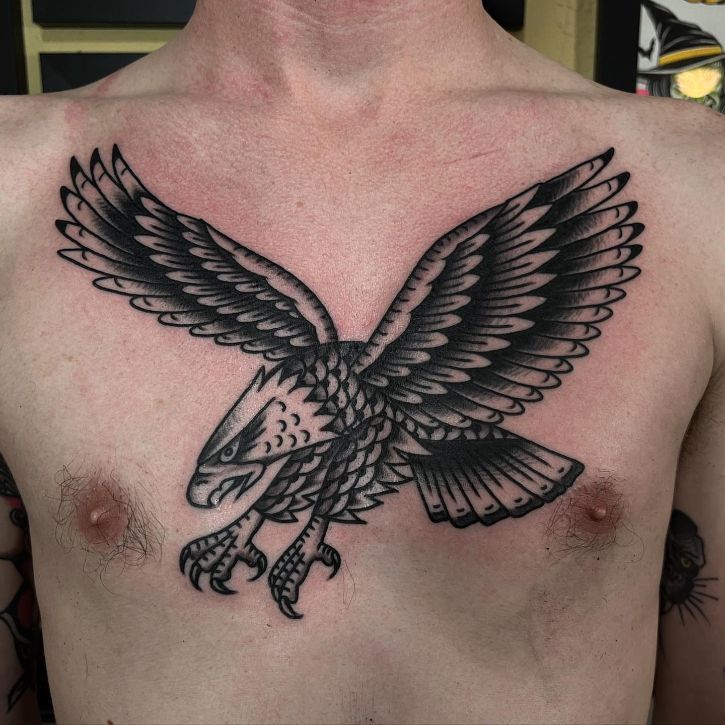Eagle black and grey tattoo on the chest by Ross K. Jones Tattoos, San Francisco, California