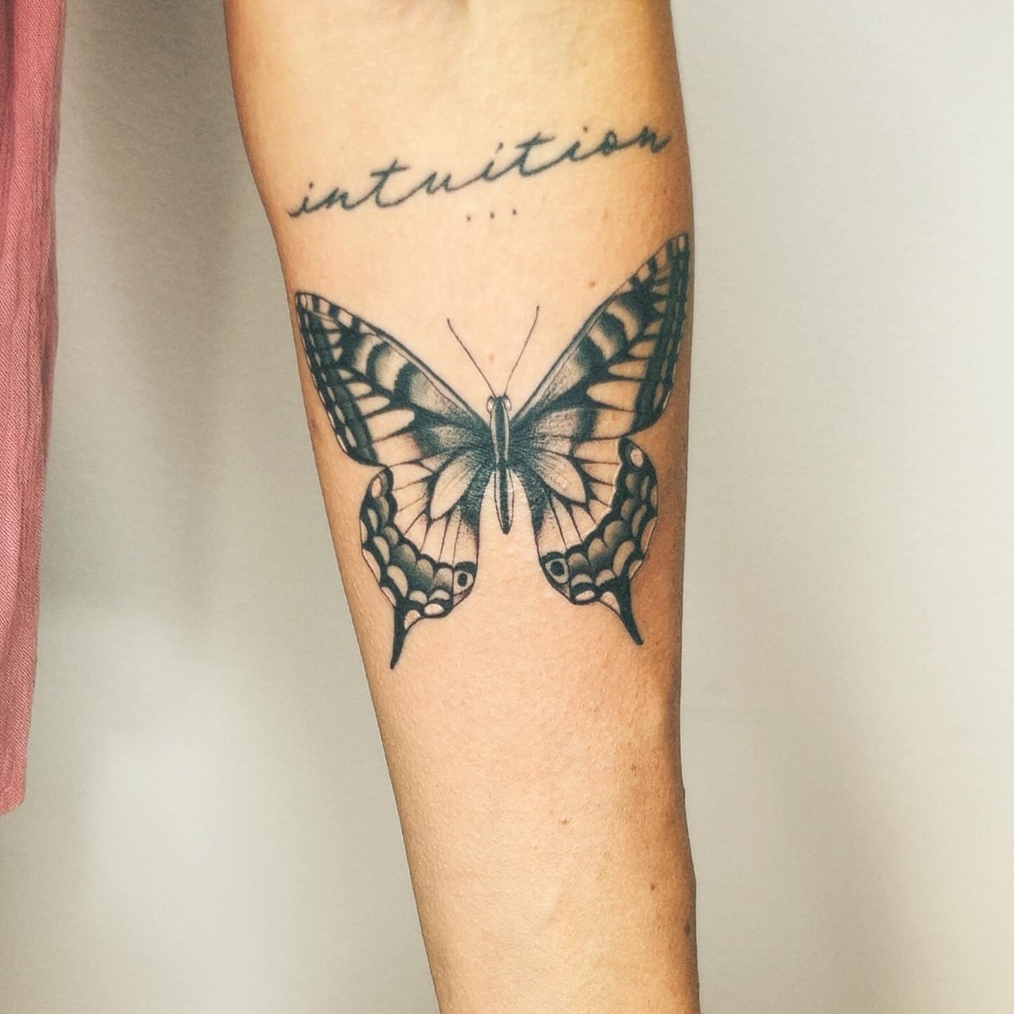 Butterfly black and grey tattoo on the forearm by ⊹ ࣪ ₊✩‧₊˚ 𝖘 𝖙 𝖊 𝖕 𝖍 𝖆 𝖓 𝖎 𝖊 ˚₊‧✩₊ ࣪ ⊹